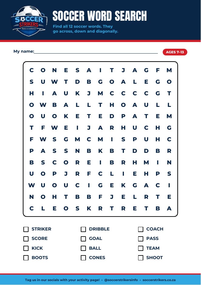 Preview of the Soccer Strikers soccer word search printable