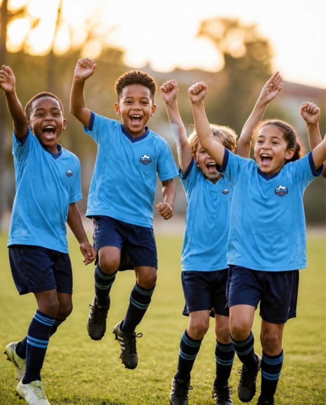 Happy children in Soccer Strikers kit celebrating together