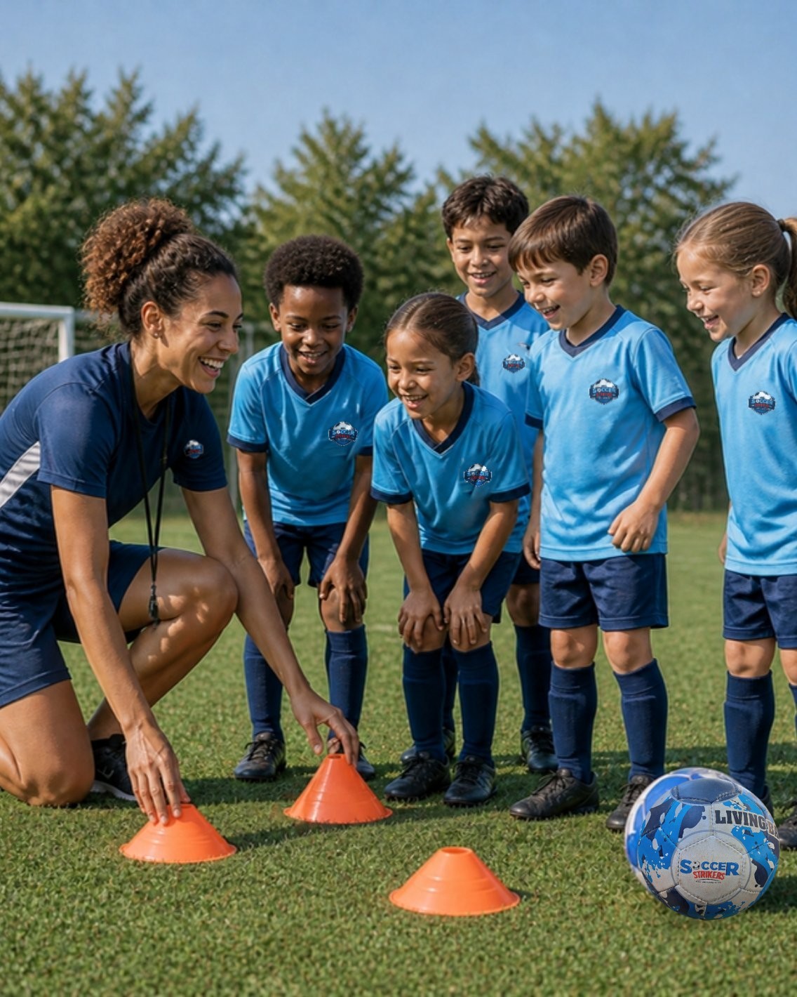 A coach setting out cones with smiling young players
