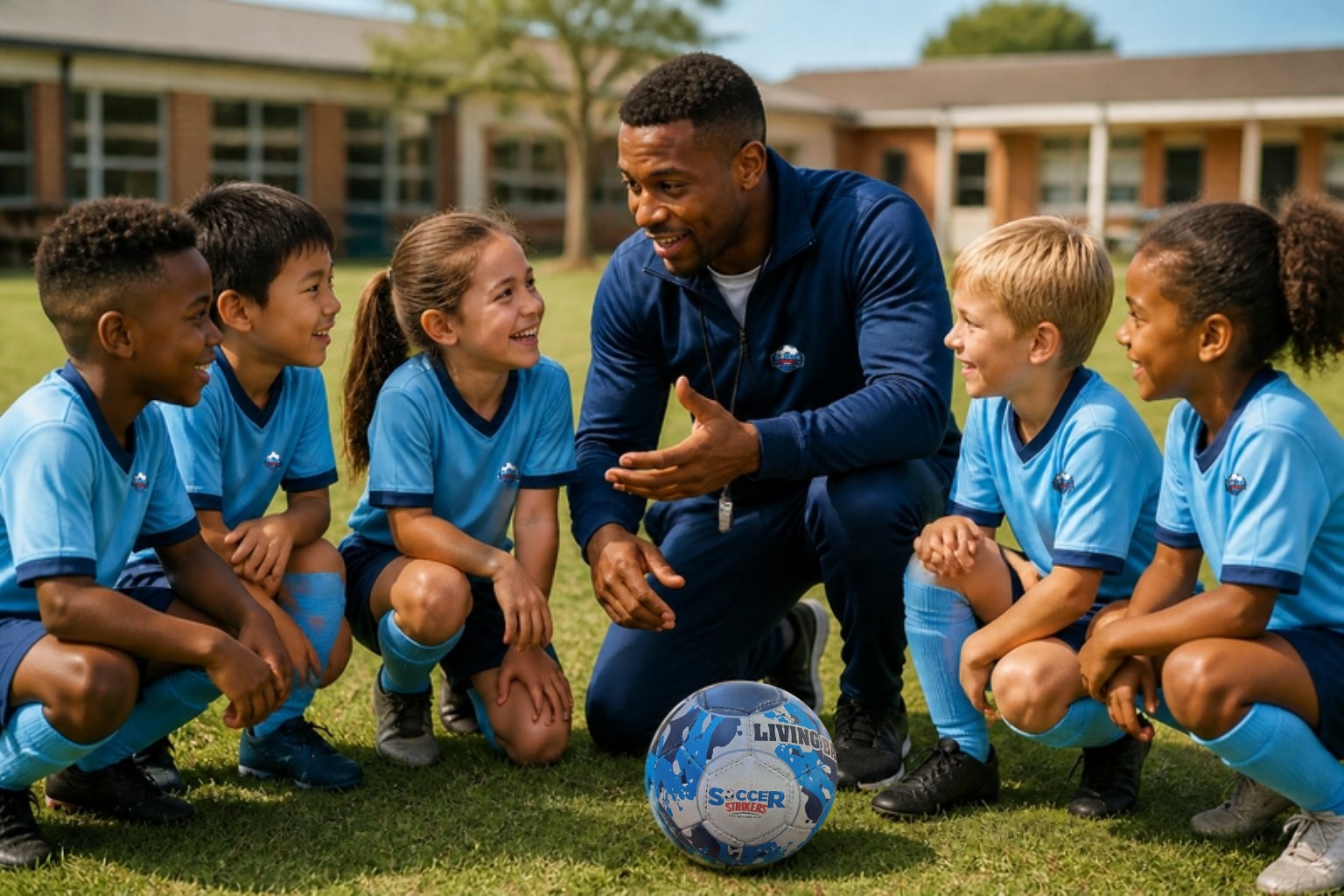 A soccer coach talking to a group of young players on a school field
