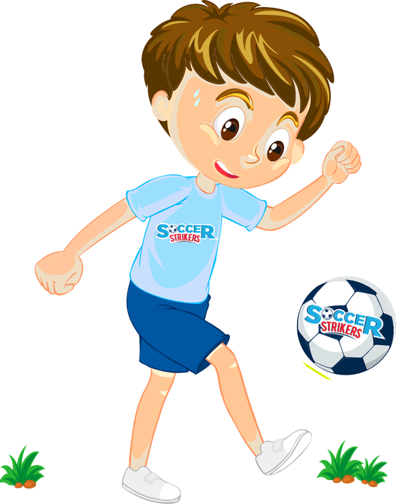 Soccer Strikers cartoon boy kicking the Soccer Strikers ball