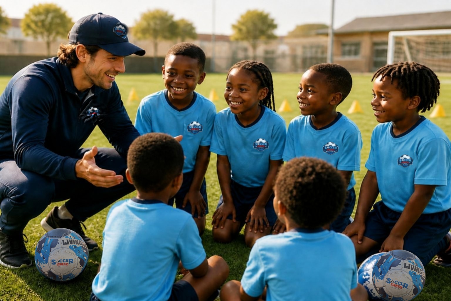 Smiling children in Soccer Strikers kit listening to their coach