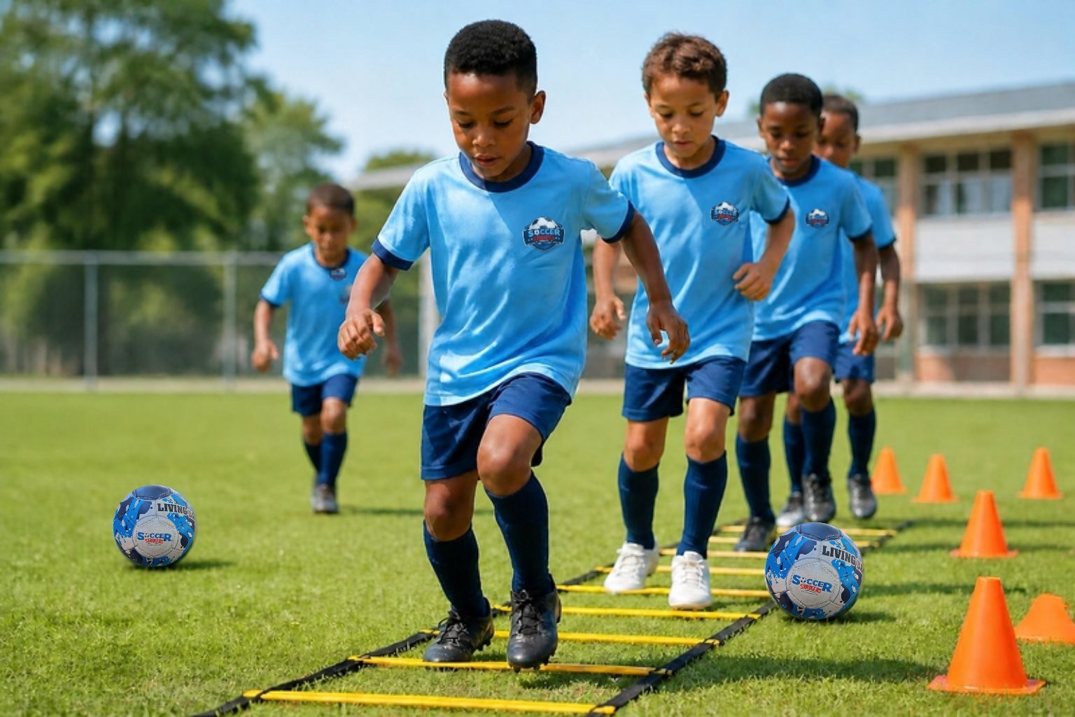 Children running through a ladder drill