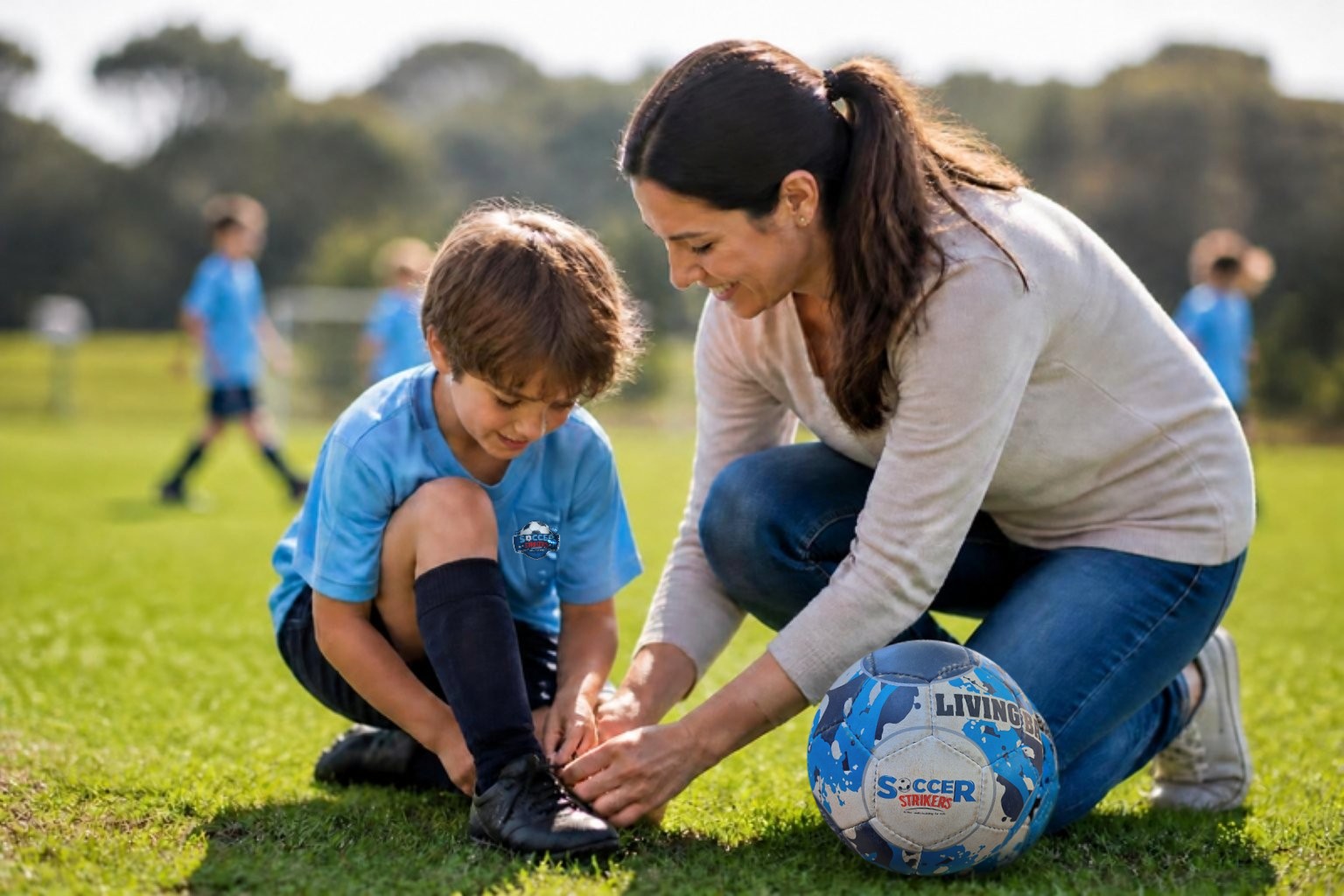 A mom helping her son get ready for soccer