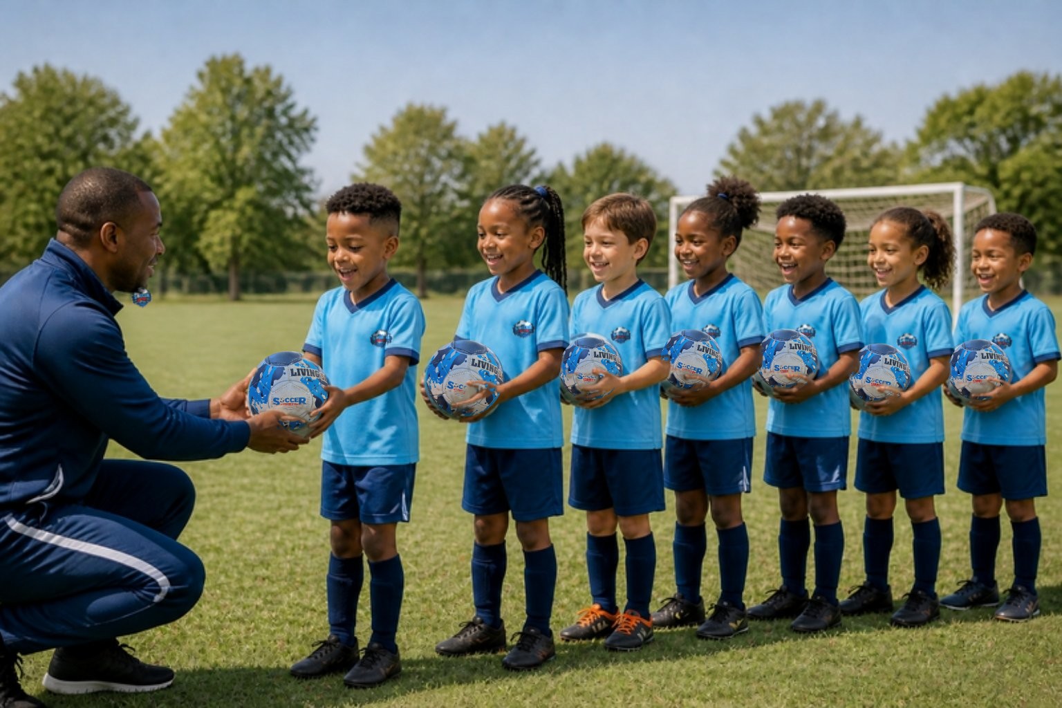 Young players holding new soccer balls with their coach