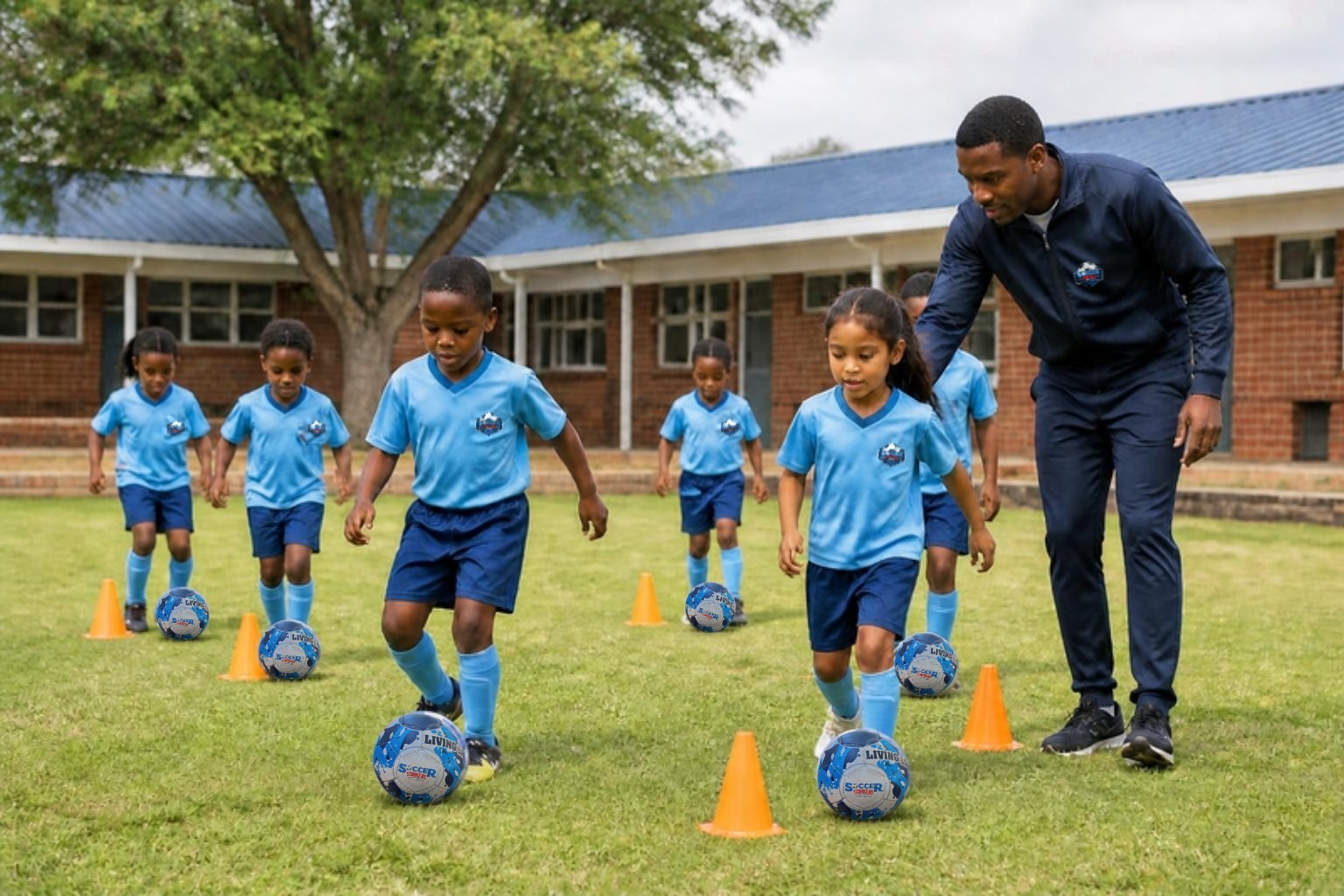 A coach leading learners through a dribbling drill on the school field